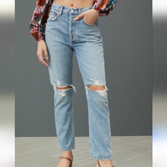 Agolde Denim - Agolde anthropologie Riley distressed light wash denim button fly jeans